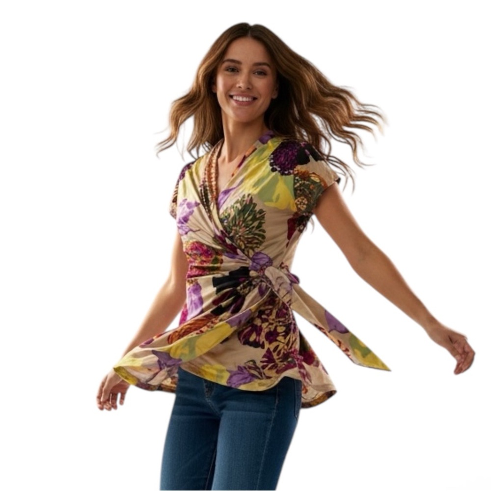 Carmen Marc Valvo Multicolor Floral Wrap Blouse V Neck Size S EUC - Picture 9 of 9